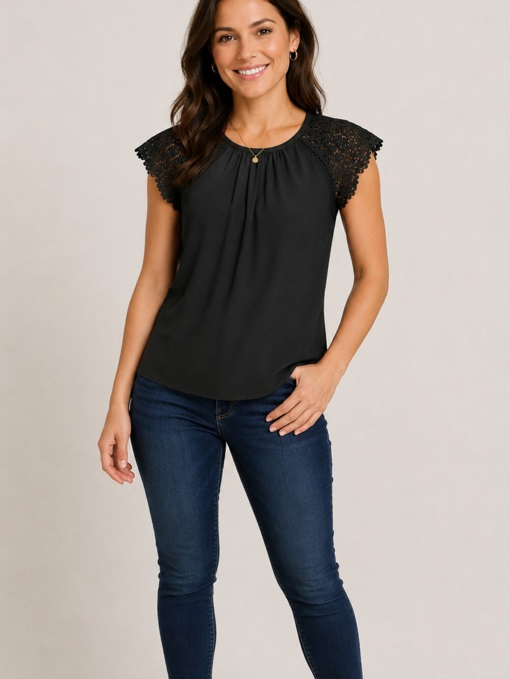 Roz & Ali XS Black Crochet Shoulder Sleeveless Top